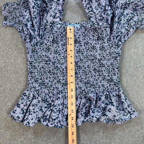 CeCe Puff Sleeve Top Women's Large Purple Floral Square Neck Smocked Ruffle - Picture 6 of 9
